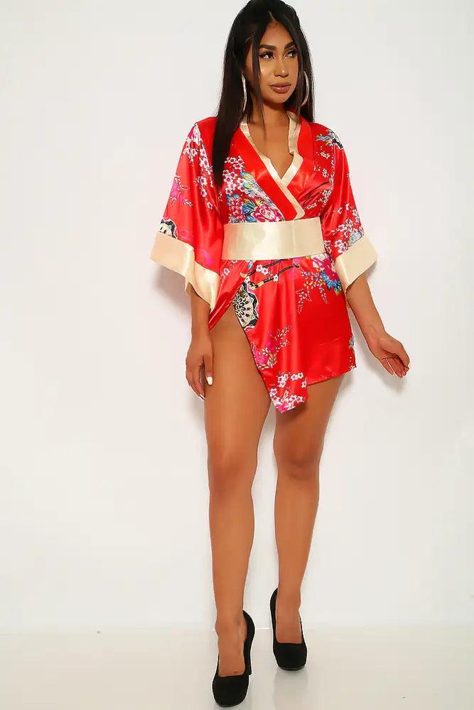 Red Floral Print 3 Piece Kimono Costume - Babewear