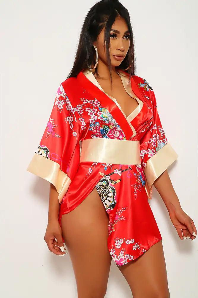 Red Floral Print 3 Piece Geisha Kimono Costume