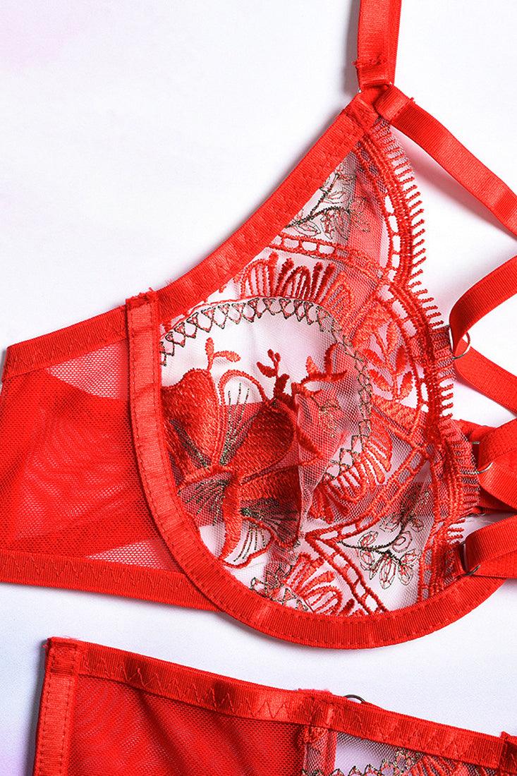 Red Flower Sheer Lace Bra Lace-Up Garter Belt Thong 3Pc Lingerie Set