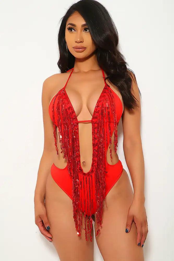 Red Fringe Sequins Cut Out Monokini - Babewear