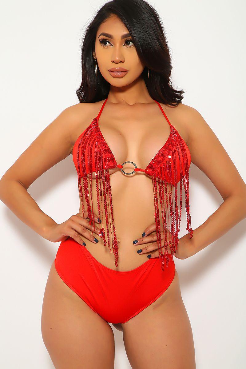 Red Fringe Sequins Two Piece Swimsuit - Babewear