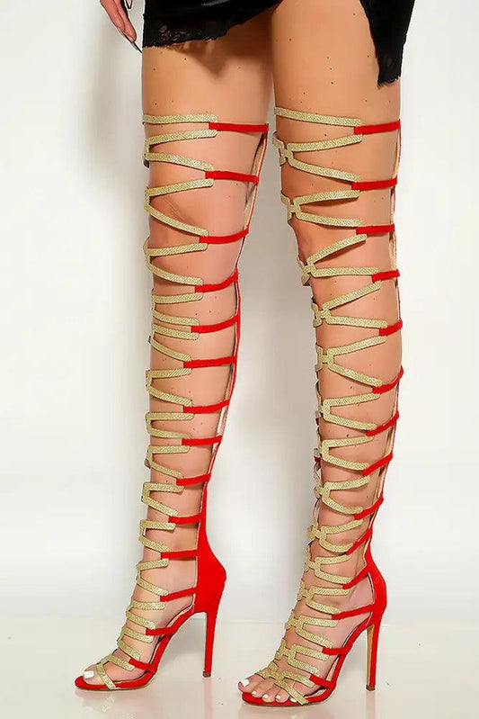 Red Gold Glitter Open Toe Gladiator High Heels