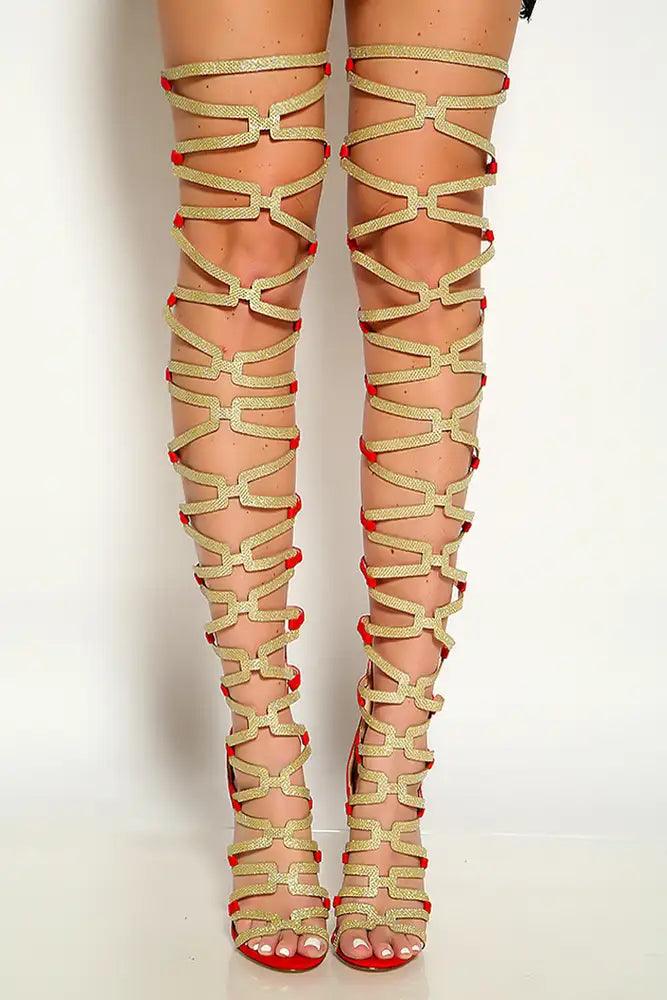 Red Gold Glitter Open Toe Gladiator High Heels - Babewear