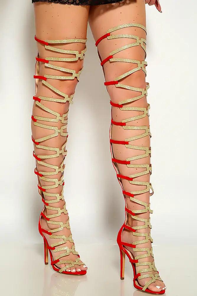 Red Gold Glitter Open Toe Gladiator High Heels