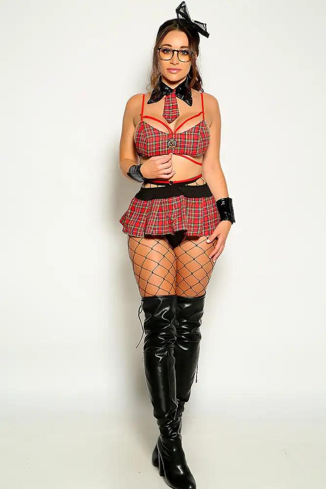 Red Green Plaid School Girl 5 Piece Sexy Costume - Babewear