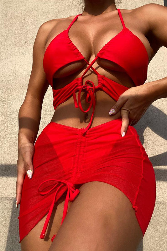 Red Halter Criss-Cross Strappy 3 Pc Swimsuit With Skirt Cover Up