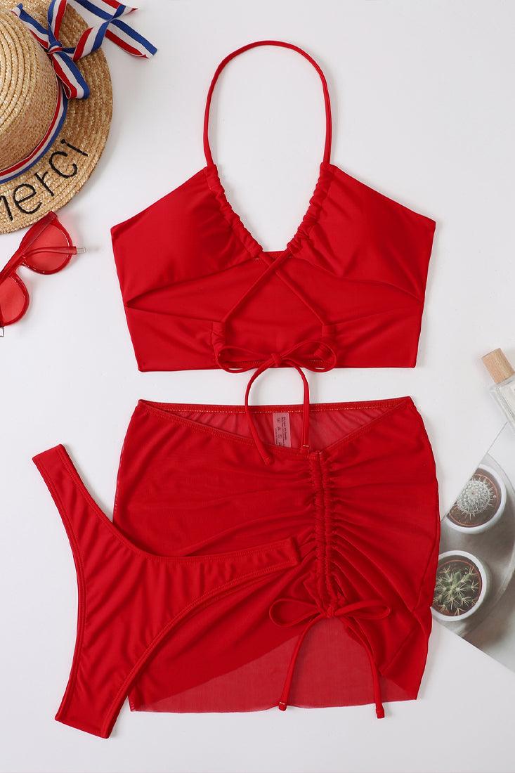 Red Halter Criss-Cross Strappy 3 Pc Swimsuit With Skirt Cover Up