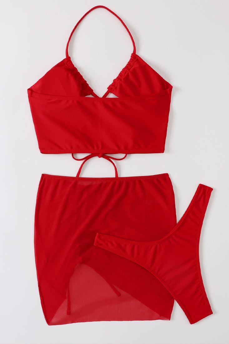 Red Halter Criss-Cross Strappy 3 Pc Swimsuit With Skirt Cover Up