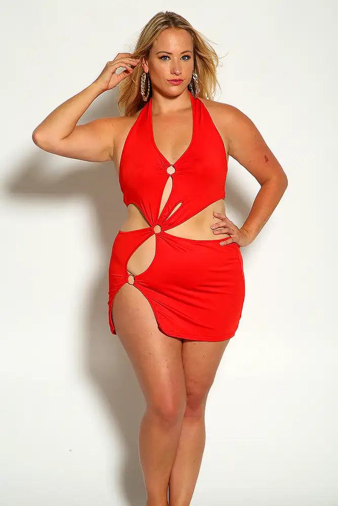 Red Halter O-Ring Cut Out Plus size Party Dress - Babewear