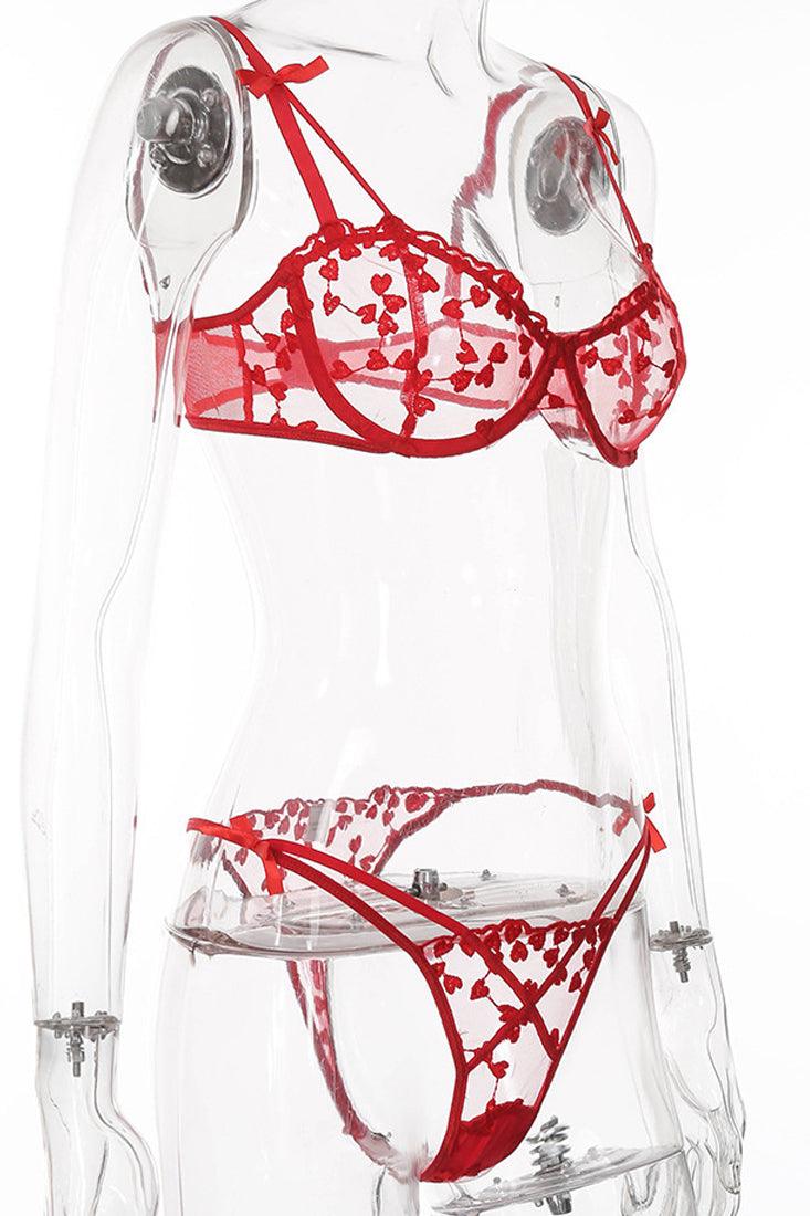 Red Heart Embroidery Sheer Ribbon Bow Sexy 2 Pc Lingerie Set