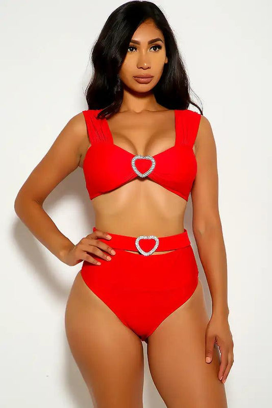 Red Heart Rhinestone Two Piece Swimsuit - Babewear