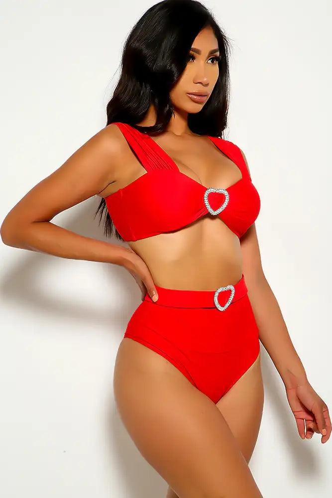 Red Heart Rhinestone Two Piece Swimsuit