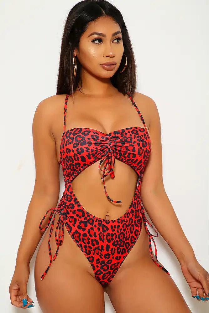 Red Leopard Cut Out One Piece Swimsuit