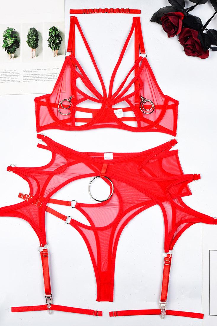 Red Mesh Faux Piercing Strappy Garter Thong Choker 6Pc Lingerie Set