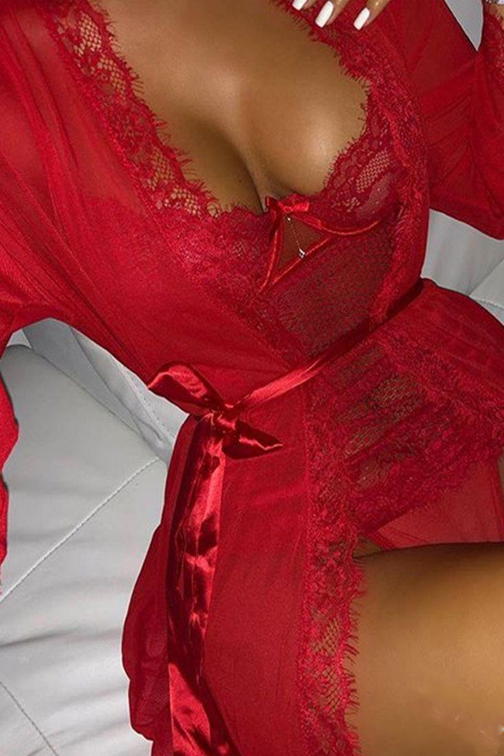 Red Mesh Lace Trim Robe Dotted Teddy Two Piece Lingerie Set