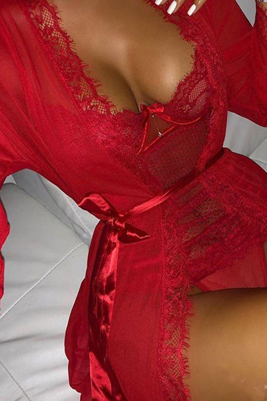 Red Mesh Lace Trim Robe Dotted Teddy Two Piece Lingerie Set