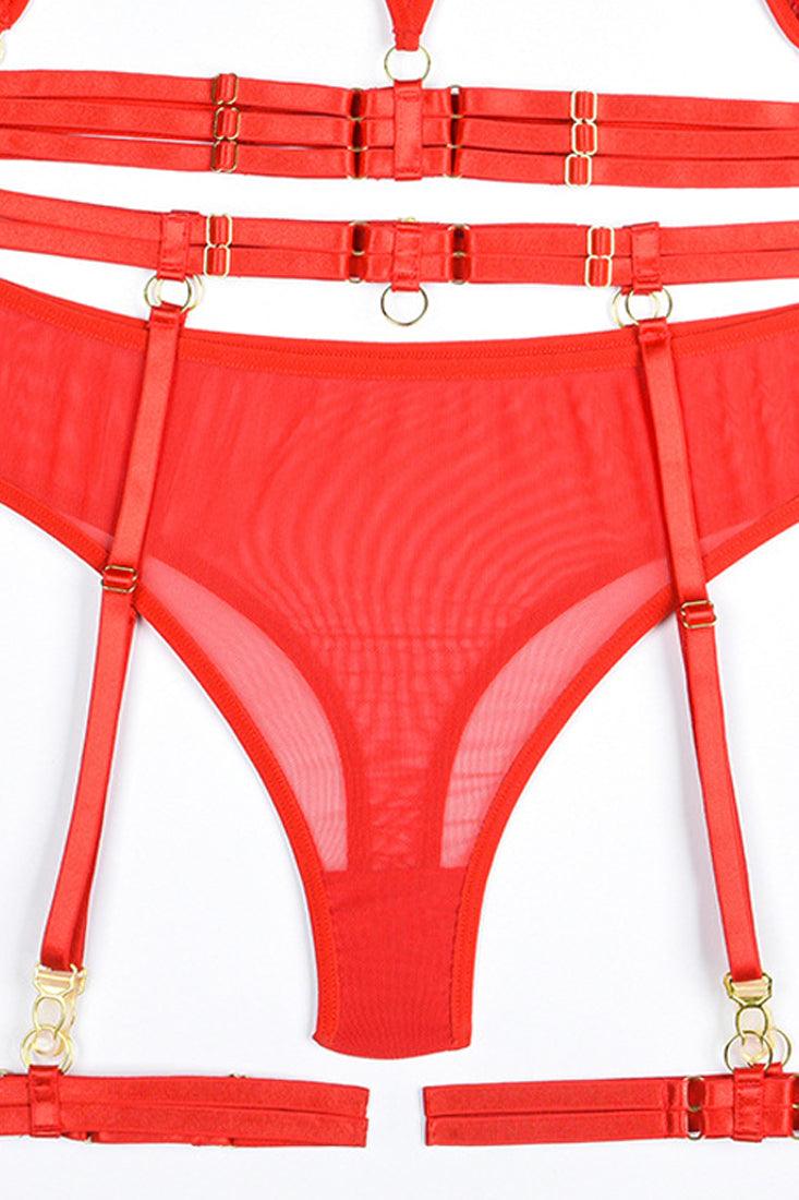 Red Mesh Strappy Long Sleeve Thong Garter Best 5Pc Lingerie Set