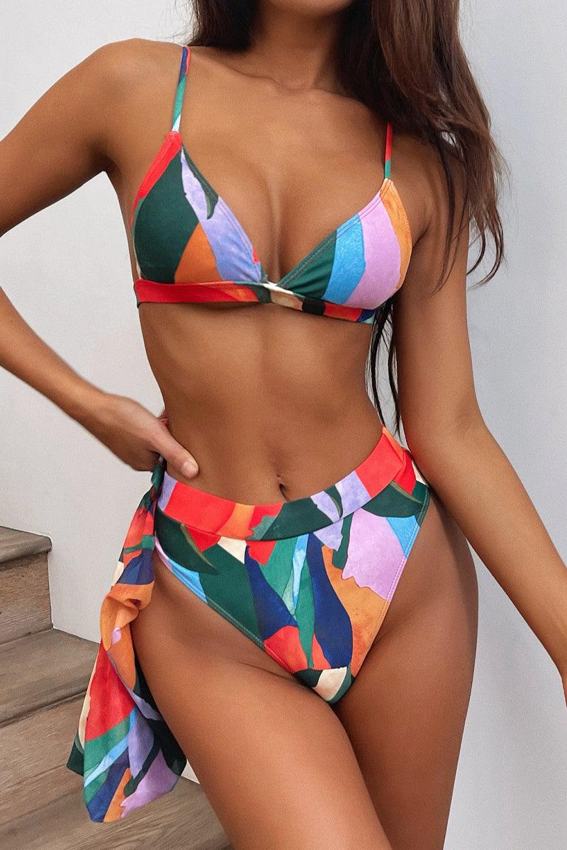 Red Multi Colored Short Sleeve Mesh Three Piece Swimsuit