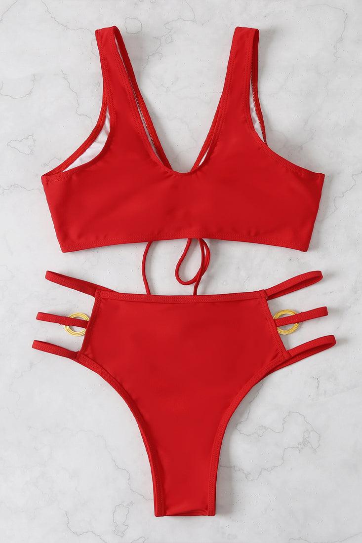 Red O-Ring Accent Strappy Hollow Out Sexy 2 Pc Bikini Set