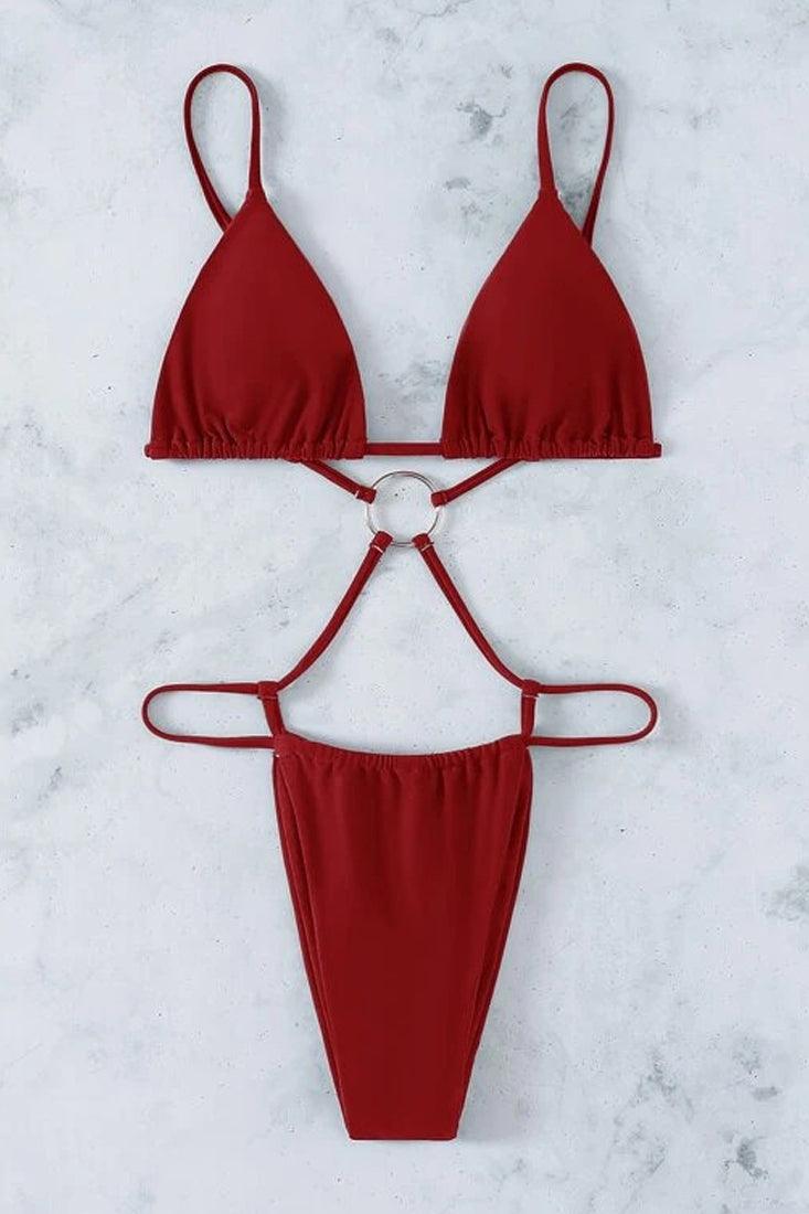 Red O-Ring Accent Strappy Sexy One Piece Swimsuit