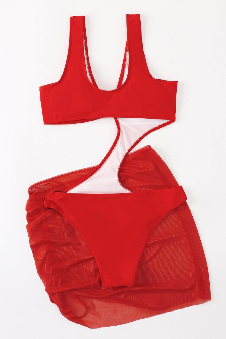 Red O-Ring Cut Out Monokini With Ruched Skirt Cover Up