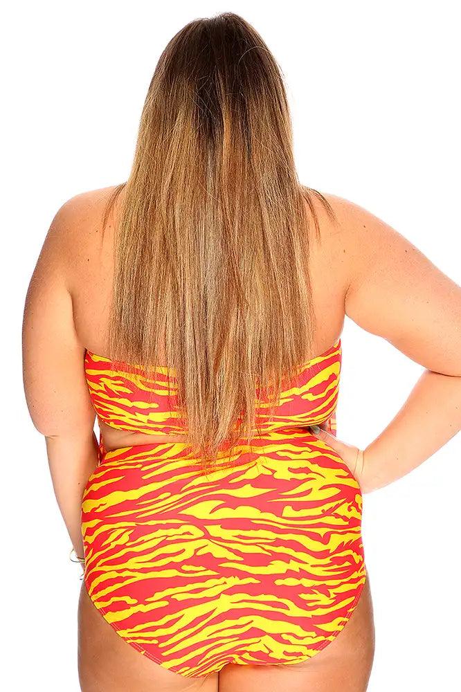 Red Orange Zebra Print Fringe Accent Plus Size High Waist Swimsuit