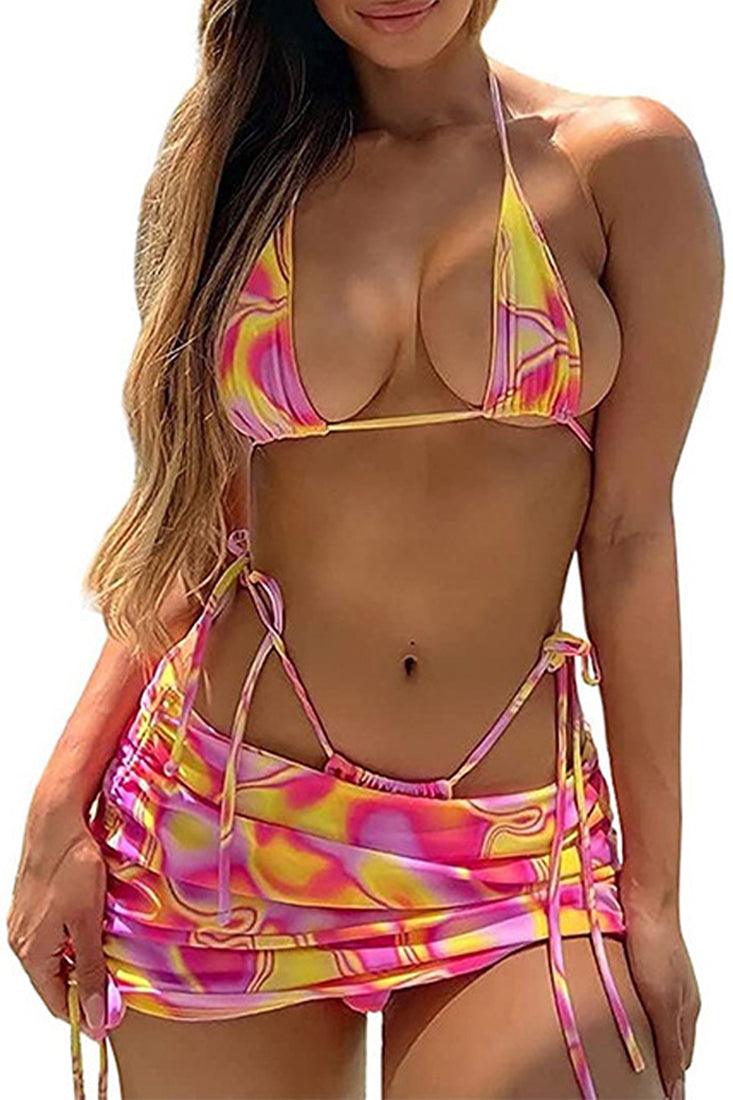 Red Printed Halter Cheeky Sexy Three Piece Swimsuit