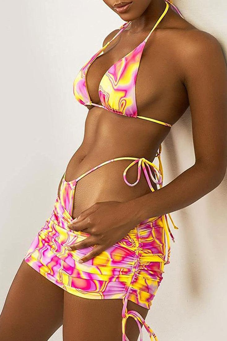 Red Printed Halter Cheeky Sexy Three Piece Swimsuit