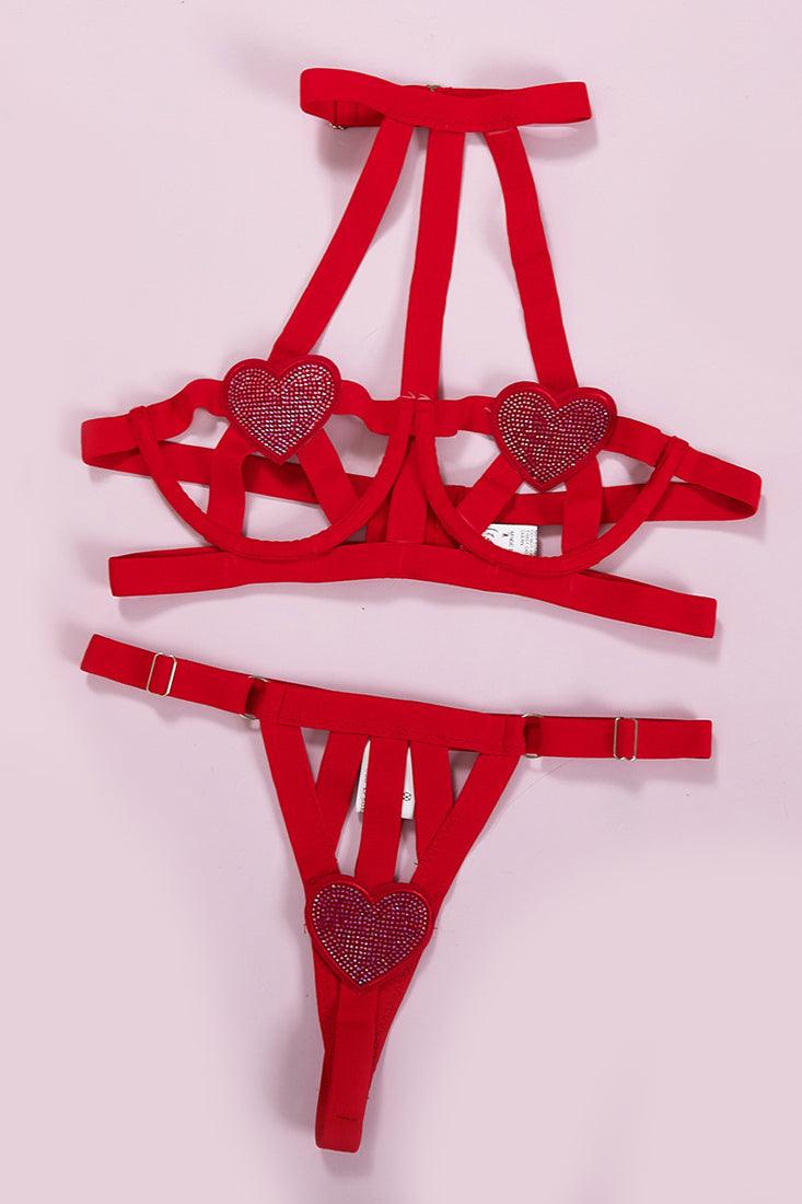 Red Rhinestone Hearts Bandage Wired Thong 2 Pc Lingerie Set