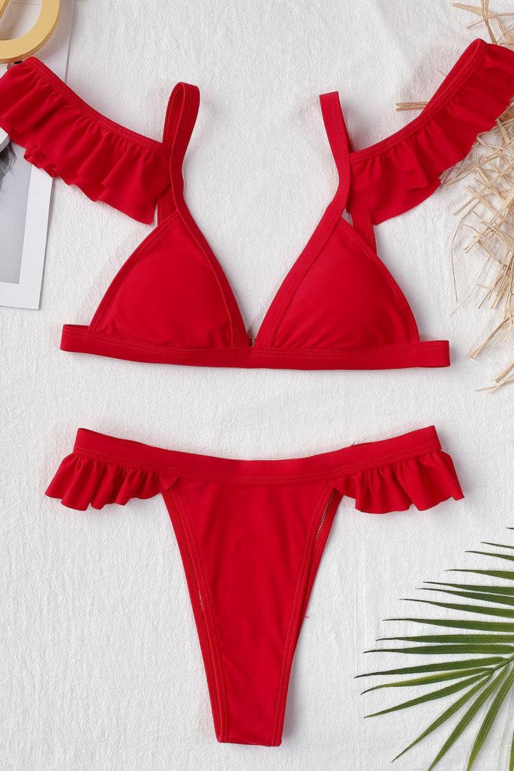 Red Ruffle Cold Shoulder V-Neck 2 Pc Swimsuit