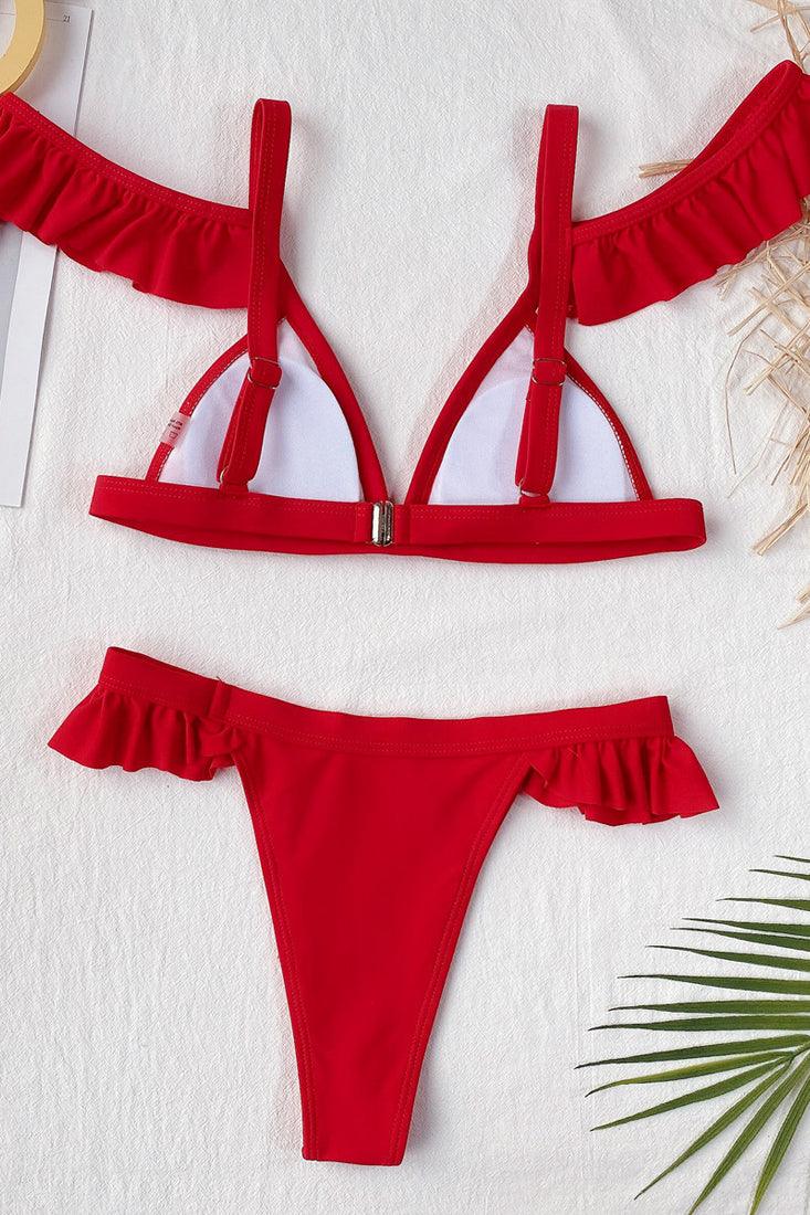 Red Ruffle Cold Shoulder V-Neck 2 Pc Swimsuit