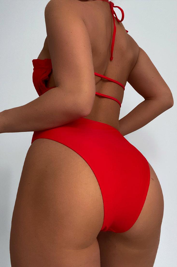 Red Ruffled Halter Cut Out Sexy One Piece Swimsuit