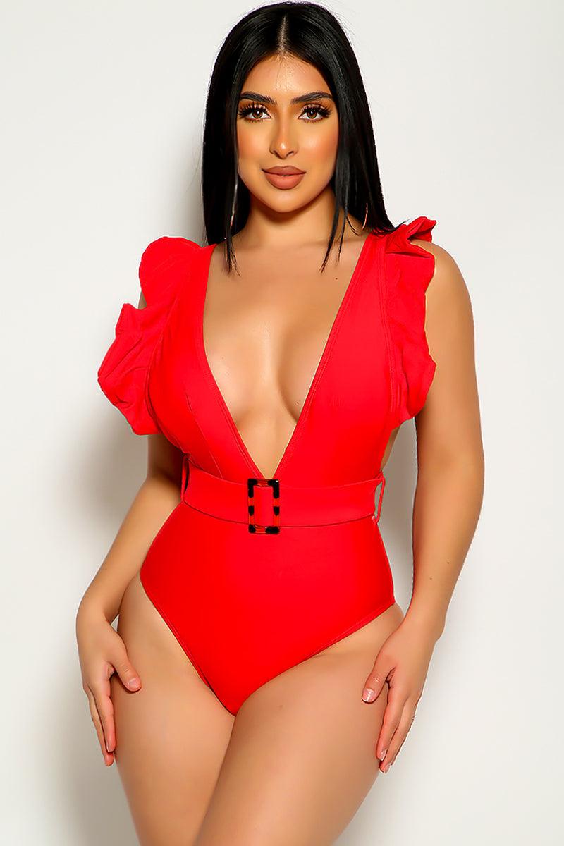 Red Ruffled Sleeves Belted One Piece Swimsuit