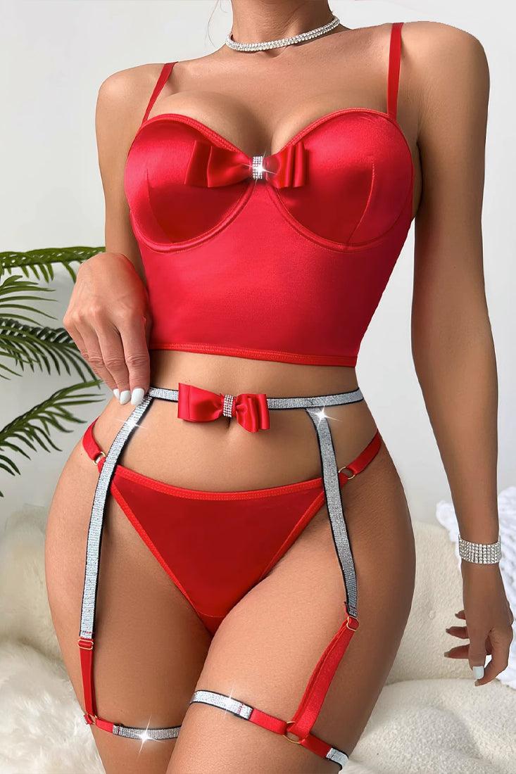 Red Satin Stretchy Sparkly Bow Bustier Thong Garter Belt 3Pc Lingerie Set