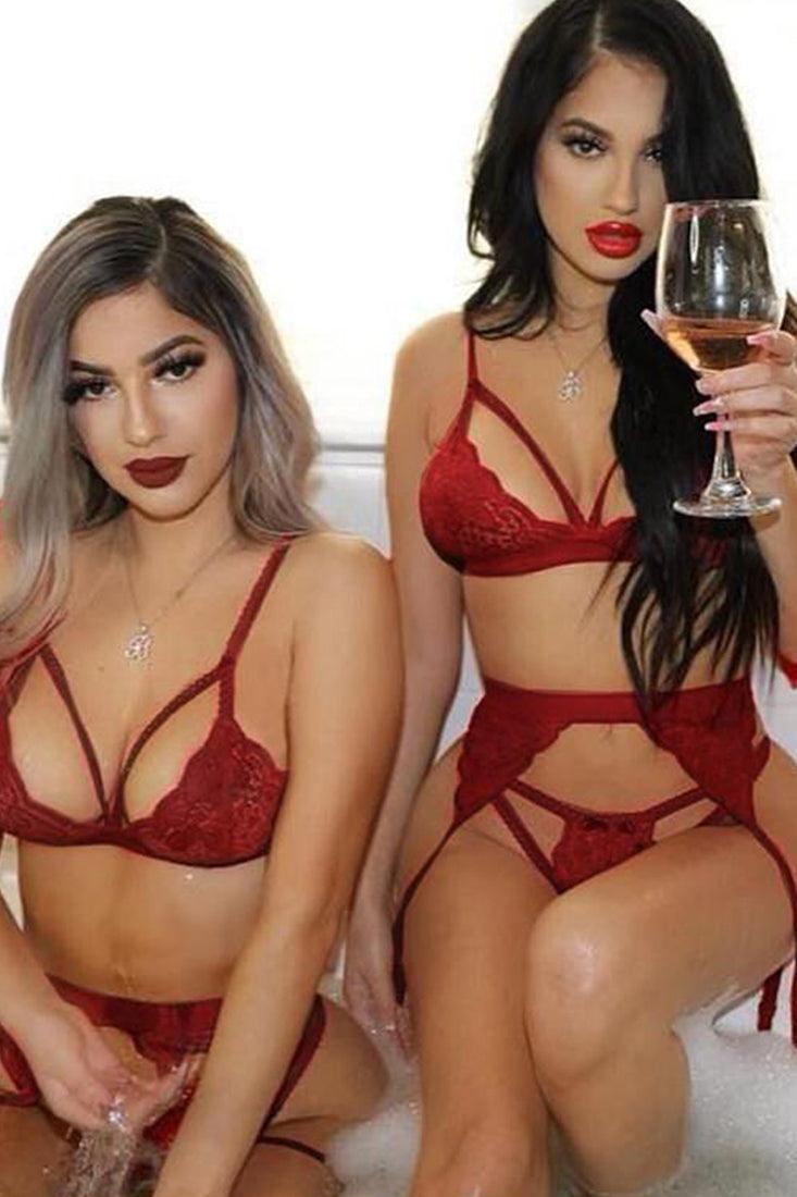 Red Scalloped Cut Out Sexy 3 Pc Lingerie Set