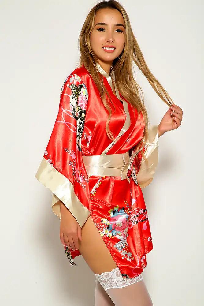 Red Sexy Floral Print Traditional Japanese Kimono 3pc Sexy Costume