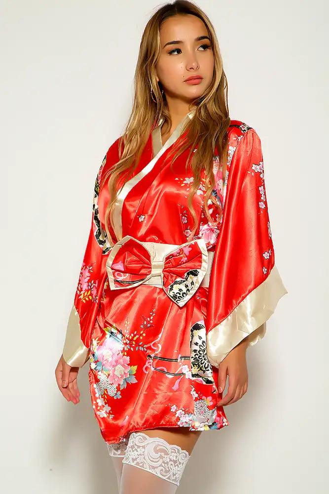 Red Sexy Floral Print Traditional Japanese Kimono 3pc Sexy Costume