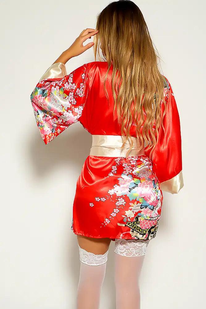 Red Sexy Floral Print Traditional Japanese Kimono 3pc Sexy Costume