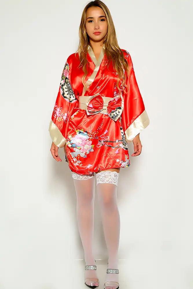 Red Sexy Floral Print Traditional Japanese Kimono 3pc Sexy Costume - Babewear