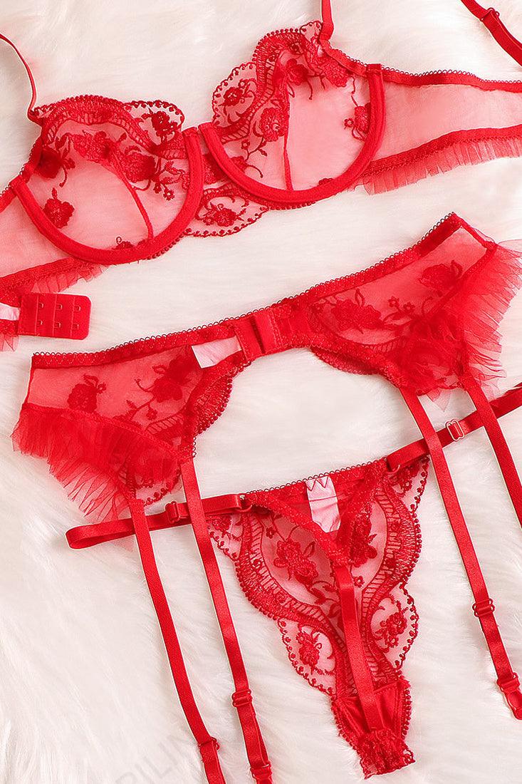 Red Sheer Mesh Underwire Garter Lingerie 3 Pc Set