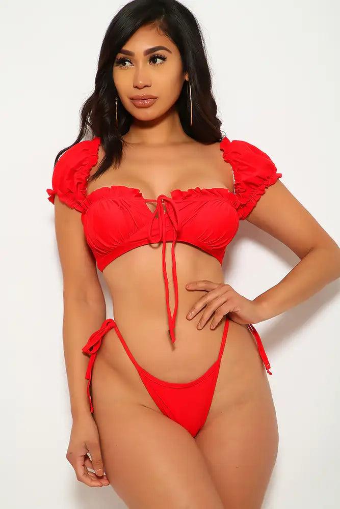 Red Short Sleeve Ruffled Two Piece Swimsuit - Babewear