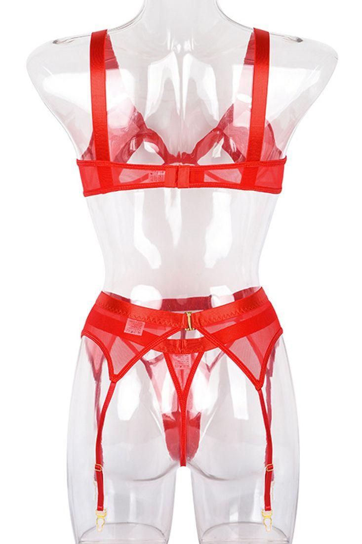 Red Sleeveless O-ring Detail Mesh Strappy Three Piece Lingerie