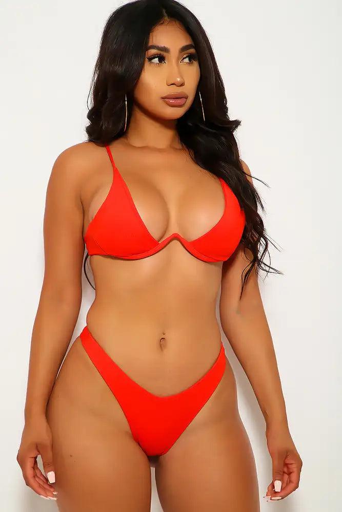 Red V Wire Two Piece Swimsuit - Babewear