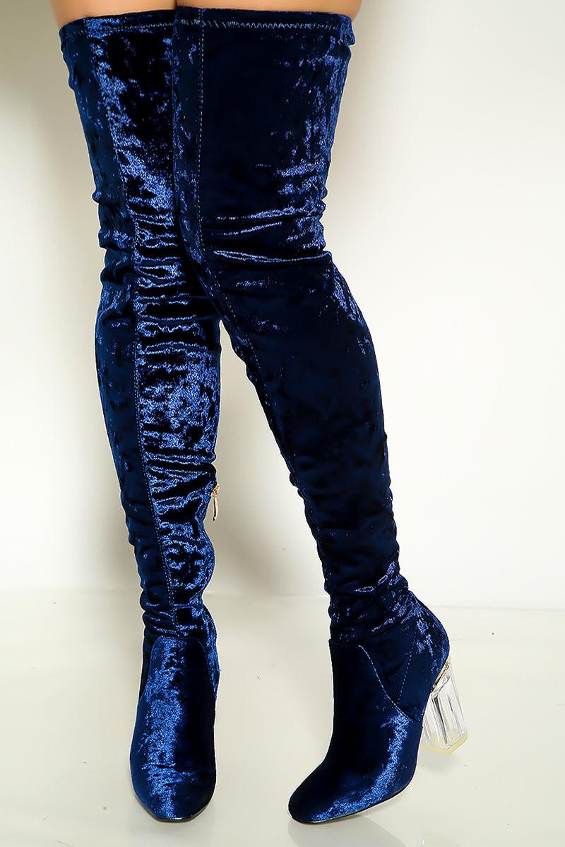 Royal Blue Crushed Velvet Clear Heel Thigh High Boots