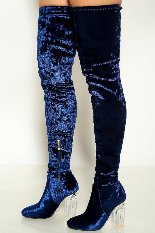 Royal Blue Crushed Velvet Clear Heel Thigh High Boots