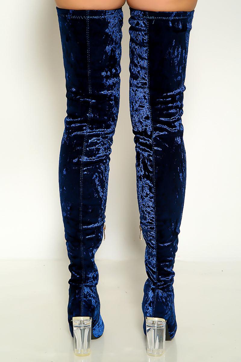 Royal Blue Crushed Velvet Clear Heel Thigh High Boots