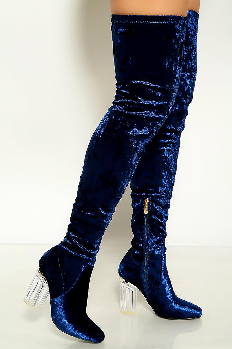 Royal Blue Crushed Velvet Clear Heel Thigh High Boots