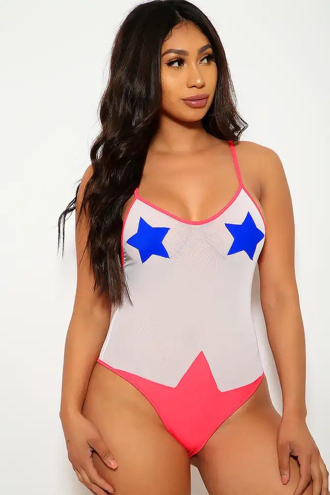 Royal Blue White Red Patriotic Netted Mesh Star Patch Sexy Swimsuit