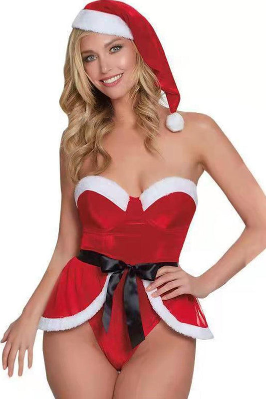 Secret Santa Red Sleeveless Bodysuit Curved Hem 3 Pc Holiday Costume