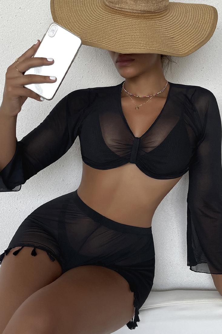 Sexy 2pc Black Mesh Long Sleeve Swimsuit Coverup